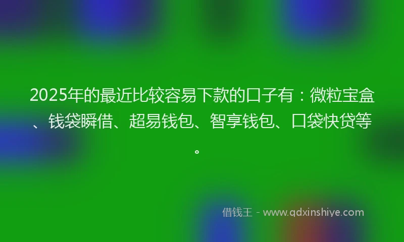2025年的最近比较容易下款的口子有：微粒宝盒、钱袋瞬借、超易钱包、智享钱包、口袋快贷等。