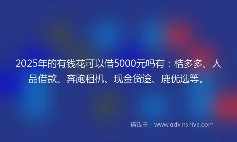 2025年的有钱花可以借5000元吗有：桔多多、人品借款、奔跑租机、现金贷途、鹿优选等。
