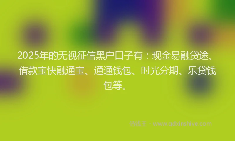 2025年的无视征信黑户口子有：现金易融贷途、借款宝快融通宝、通通钱包、时光分期、乐贷钱包等。