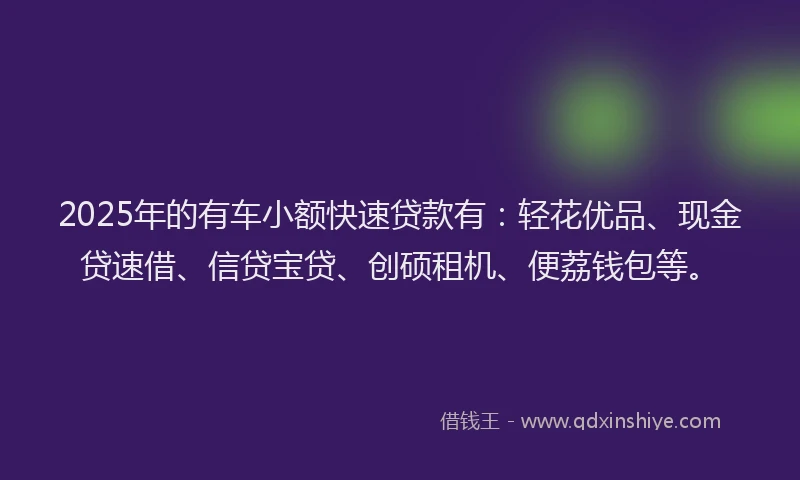 2025年的有车小额快速贷款有：轻花优品、现金贷速借、信贷宝贷、创硕租机、便荔钱包等。