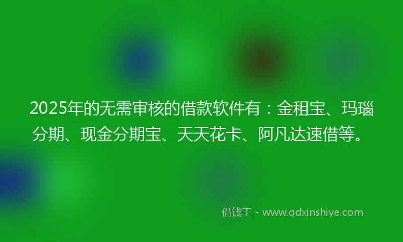 2025年的无需审核的借款软件有：金租宝、玛瑙分期、现金分期宝、天天花卡、阿凡达速借等。