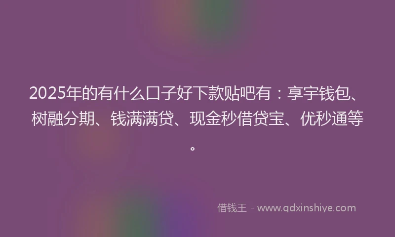 2025年的有什么口子好下款贴吧有：享宇钱包、树融分期、钱满满贷、现金秒借贷宝、优秒通等。