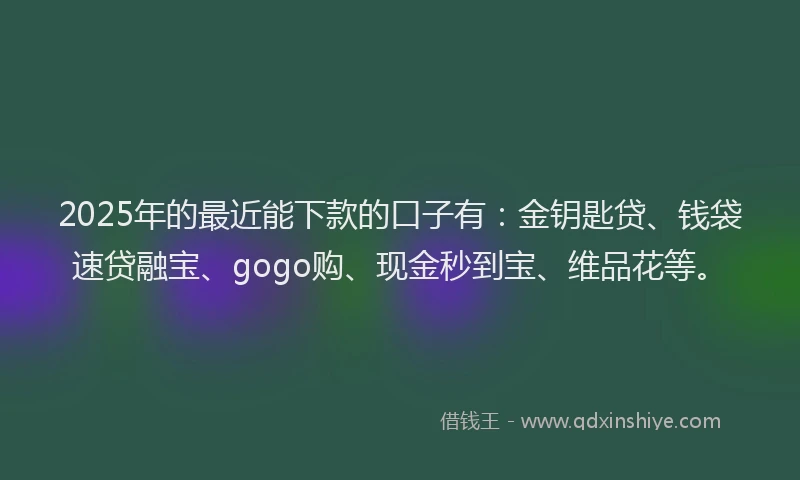 2025年的最近能下款的口子有：金钥匙贷、钱袋速贷融宝、gogo购、现金秒到宝、维品花等。