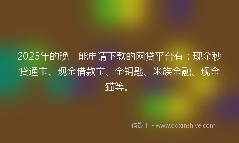 2025年的晚上能申请下款的网贷平台有：现金秒贷通宝、现金借款宝、金钥匙、米族金融、现金猫等。