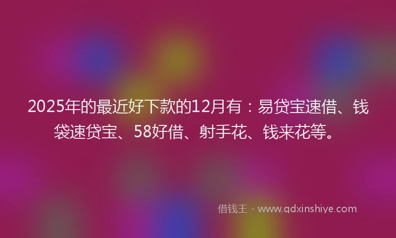 2025年的最近好下款的12月有：易贷宝速借、钱袋速贷宝、58好借、射手花、钱来花等。