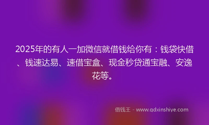 2025年的有人一加微信就借钱给你有：钱袋快借、钱速达易、速借宝盒、现金秒贷通宝融、安逸花等。
