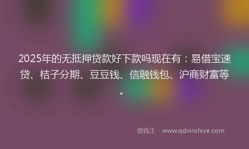 2025年的无抵押贷款好下款吗现在有：易借宝速贷、桔子分期、豆豆钱、信融钱包、沪商财富等。