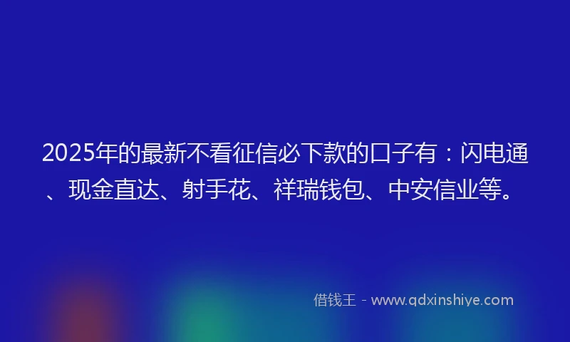 2025年的最新不看征信必下款的口子有：闪电通、现金直达、射手花、祥瑞钱包、中安信业等。