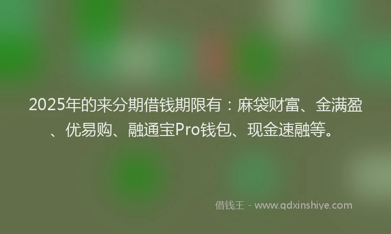2025年的来分期借钱期限有：麻袋财富、金满盈、优易购、融通宝Pro钱包、现金速融等。