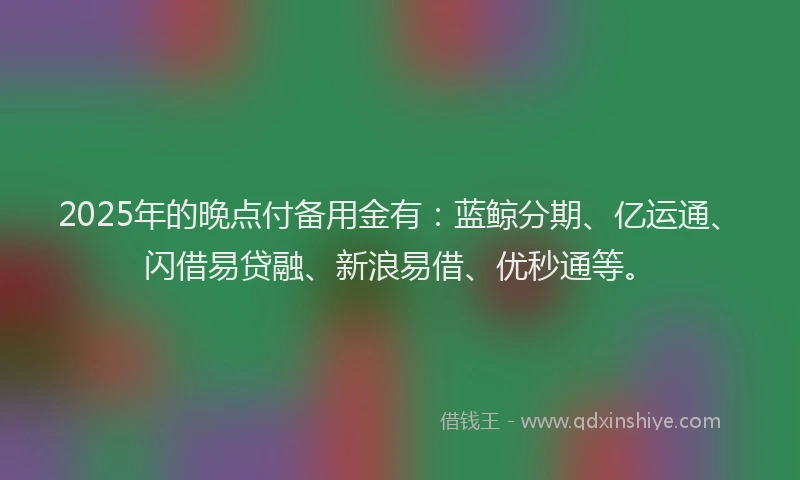 2025年的晚点付备用金有：蓝鲸分期、亿运通、闪借易贷融、新浪易借、优秒通等。