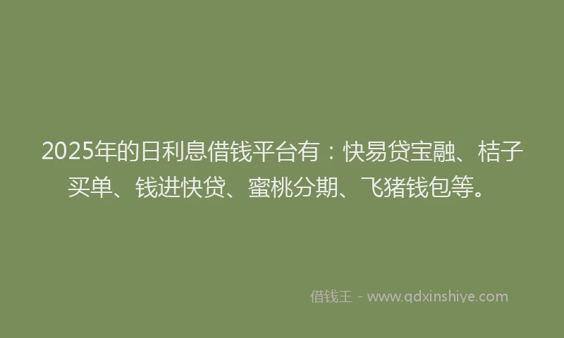 2025年的日利息借钱平台有：快易贷宝融、桔子买单、钱进快贷、蜜桃分期、飞猪钱包等。