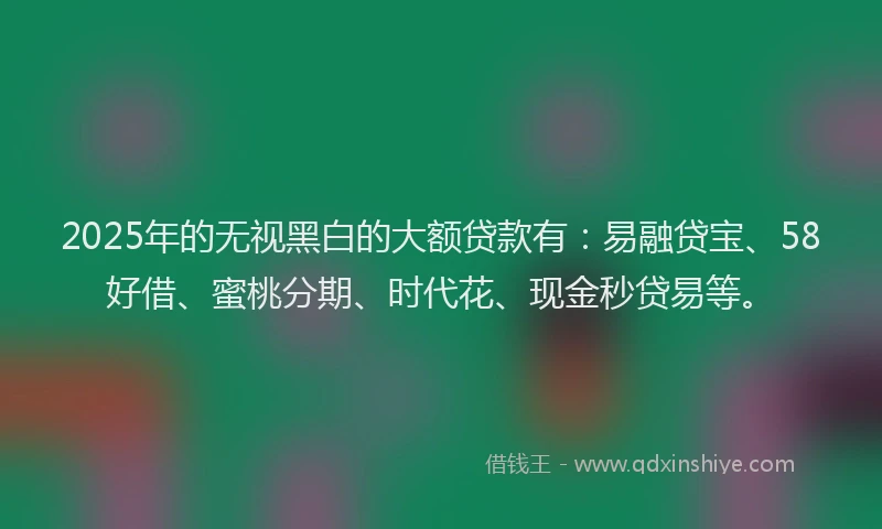 2025年的无视黑白的大额贷款有：易融贷宝、58好借、蜜桃分期、时代花、现金秒贷易等。