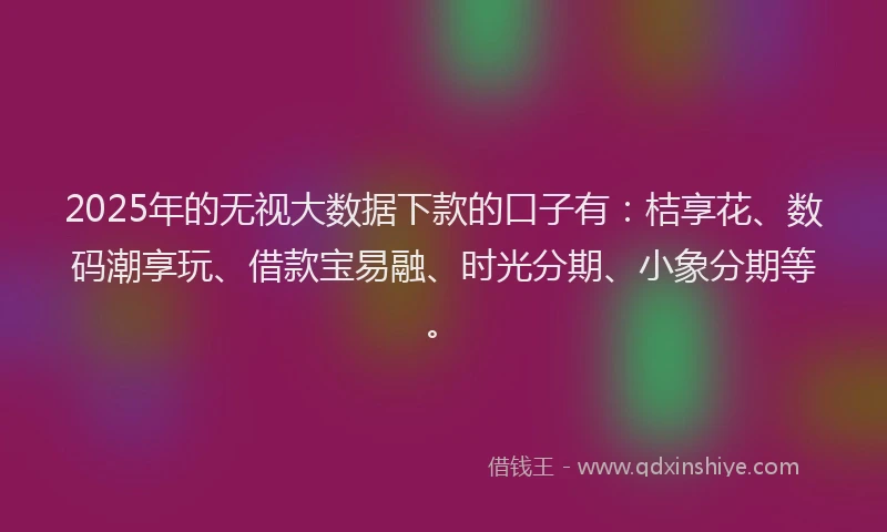 2025年的无视大数据下款的口子有：桔享花、数码潮享玩、借款宝易融、时光分期、小象分期等。