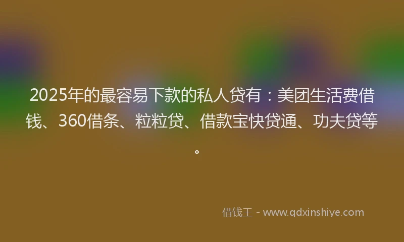 2025年的最容易下款的私人贷有：美团生活费借钱、360借条、粒粒贷、借款宝快贷通、功夫贷等。