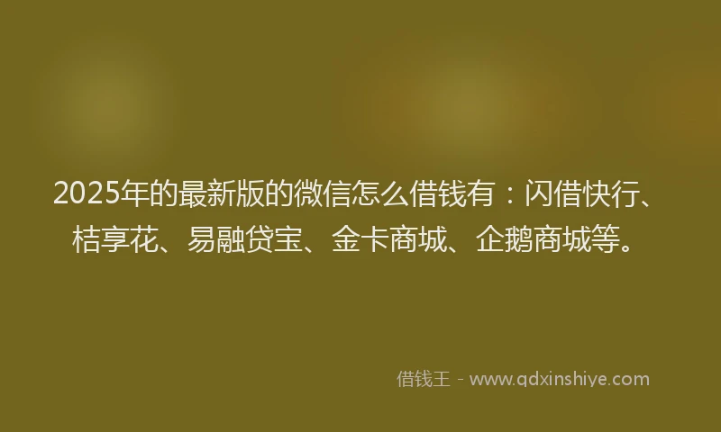 2025年的最新版的微信怎么借钱有：闪借快行、桔享花、易融贷宝、金卡商城、企鹅商城等。
