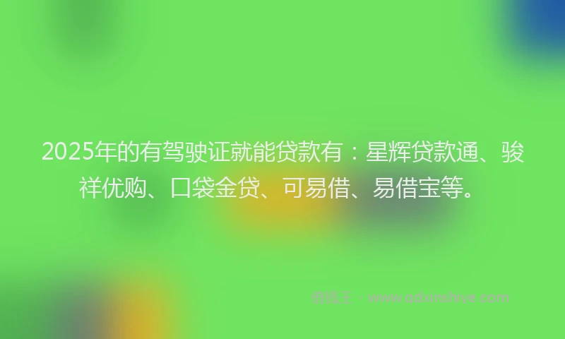 2025年的有驾驶证就能贷款有：星辉贷款通、骏祥优购、口袋金贷、可易借、易借宝等。