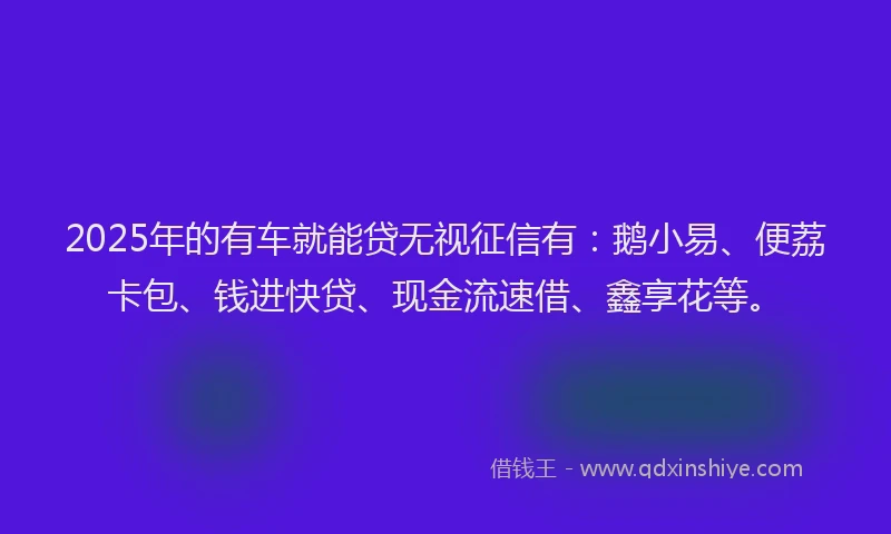 2025年的有车就能贷无视征信有：鹅小易、便荔卡包、钱进快贷、现金流速借、鑫享花等。
