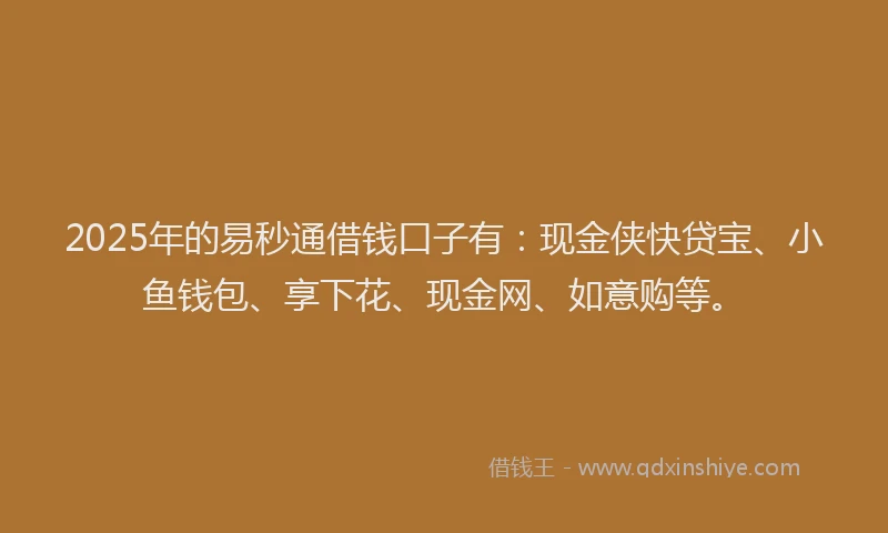 2025年的易秒通借钱口子有：现金侠快贷宝、小鱼钱包、享下花、现金网、如意购等。