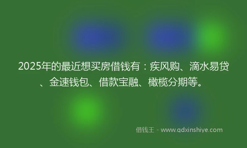 2025年的最近想买房借钱有：疾风购、滴水易贷、金速钱包、借款宝融、橄榄分期等。