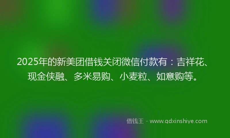 2025年的新美团借钱关闭微信付款有：吉祥花、现金侠融、多米易购、小麦粒、如意购等。