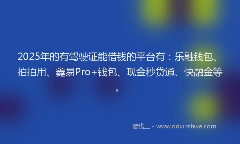 2025年的有驾驶证能借钱的平台有：乐融钱包、拍拍用、鑫易Pro+钱包、现金秒贷通、快融金等。