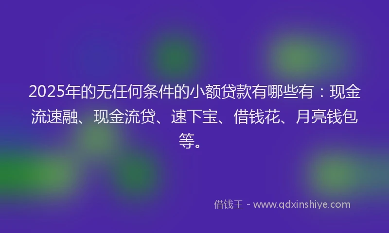 2025年的无任何条件的小额贷款有哪些有：现金流速融、现金流贷、速下宝、借钱花、月亮钱包等。