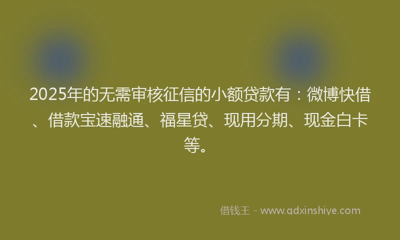 2025年的无需审核征信的小额贷款有：微博快借、借款宝速融通、福星贷、现用分期、现金白卡等。