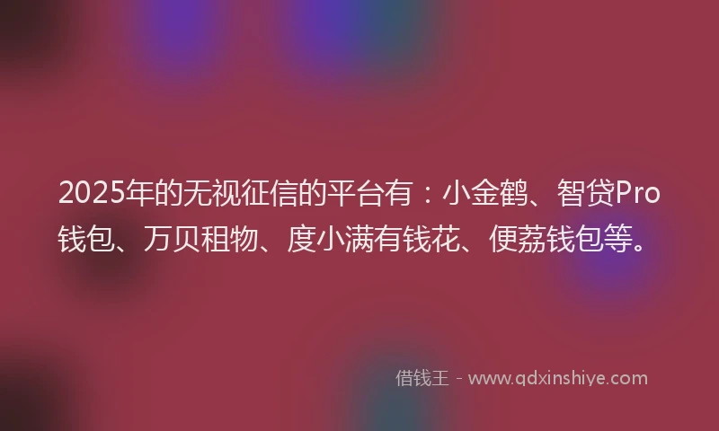 2025年的无视征信的平台有：小金鹤、智贷Pro钱包、万贝租物、度小满有钱花、便荔钱包等。
