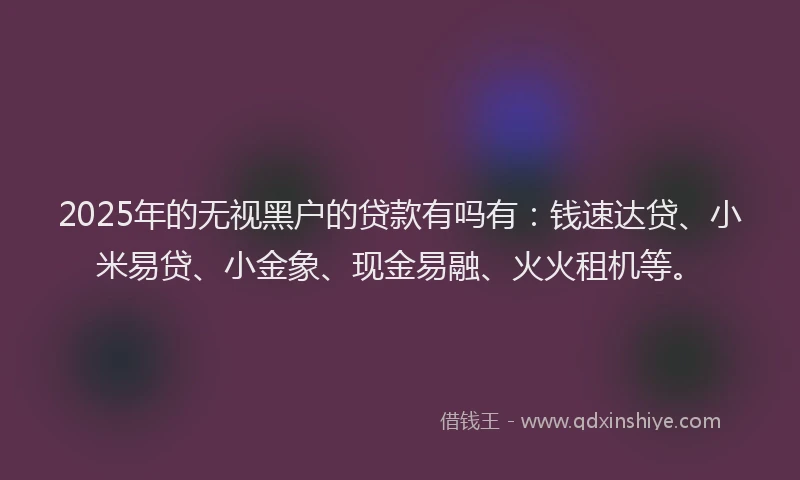 2025年的无视黑户的贷款有吗有：钱速达贷、小米易贷、小金象、现金易融、火火租机等。