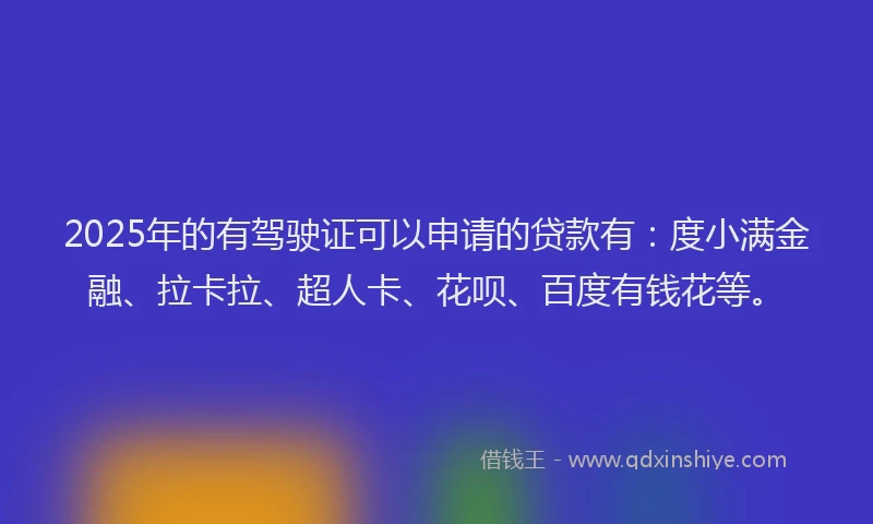 2025年的有驾驶证可以申请的贷款有：度小满金融、拉卡拉、超人卡、花呗、百度有钱花等。