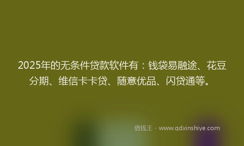 2025年的无条件贷款软件有：钱袋易融途、花豆分期、维信卡卡贷、随意优品、闪贷通等。