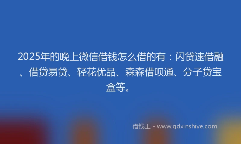 2025年的晚上微信借钱怎么借的有：闪贷速借融、借贷易贷、轻花优品、森森借呗通、分子贷宝盒等。