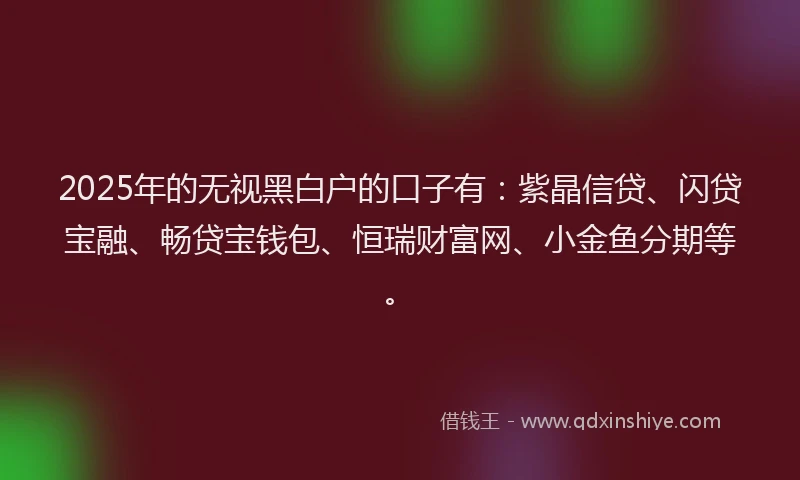 2025年的无视黑白户的口子有：紫晶信贷、闪贷宝融、畅贷宝钱包、恒瑞财富网、小金鱼分期等。