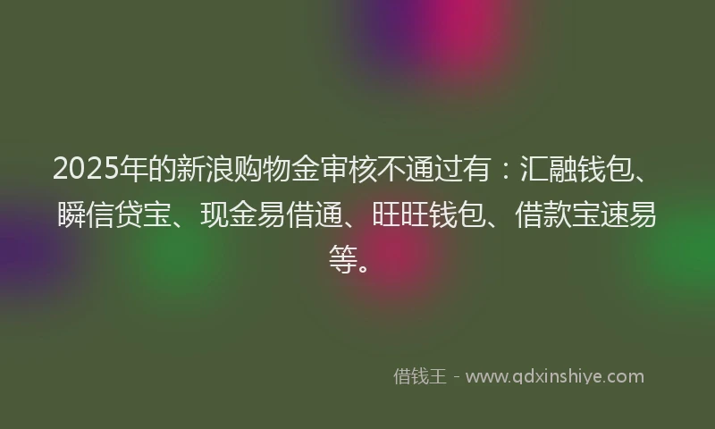 2025年的新浪购物金审核不通过有：汇融钱包、瞬信贷宝、现金易借通、旺旺钱包、借款宝速易等。