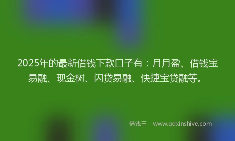 2025年的最新借钱下款口子有：月月盈、借钱宝易融、现金树、闪贷易融、快捷宝贷融等。