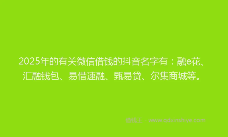 2025年的有关微信借钱的抖音名字有：融e花、汇融钱包、易借速融、甄易贷、尔集商城等。