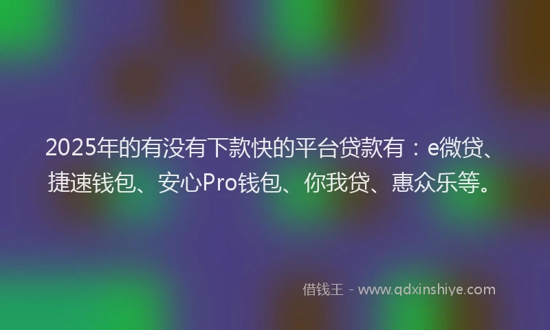 2025年的有没有下款快的平台贷款有：e微贷、捷速钱包、安心Pro钱包、你我贷、惠众乐等。