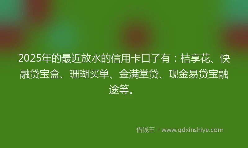 2025年的最近放水的信用卡口子有：桔享花、快融贷宝盒、珊瑚买单、金满堂贷、现金易贷宝融途等。