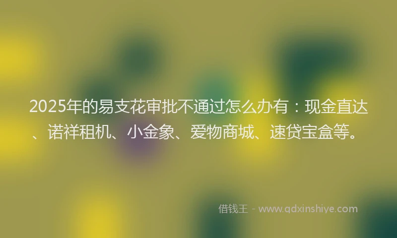2025年的易支花审批不通过怎么办有：现金直达、诺祥租机、小金象、爱物商城、速贷宝盒等。