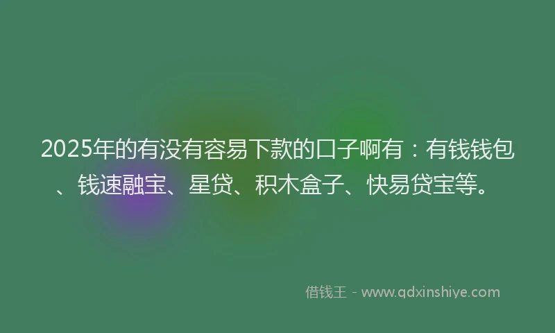 2025年的有没有容易下款的口子啊有：有钱钱包、钱速融宝、星贷、积木盒子、快易贷宝等。