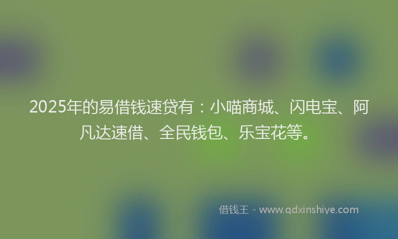 2025年的易借钱速贷有：小喵商城、闪电宝、阿凡达速借、全民钱包、乐宝花等。