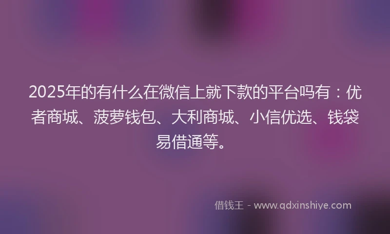 2025年的有什么在微信上就下款的平台吗有：优者商城、菠萝钱包、大利商城、小信优选、钱袋易借通等。
