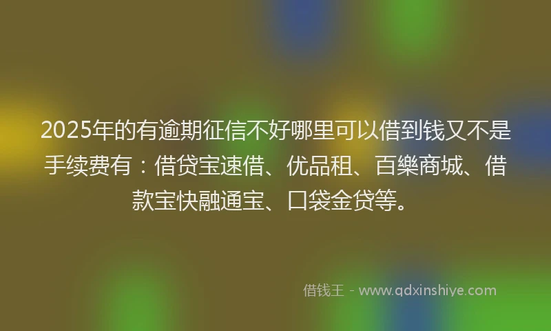 2025年的有逾期征信不好哪里可以借到钱又不是手续费有：借贷宝速借、优品租、百樂商城、借款宝快融通宝、口袋金贷等。