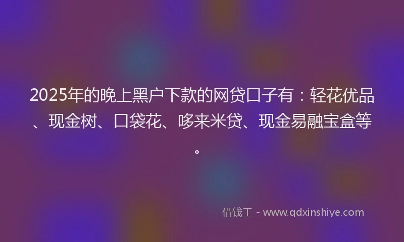 2025年的晚上黑户下款的网贷口子有：轻花优品、现金树、口袋花、哆来米贷、现金易融宝盒等。