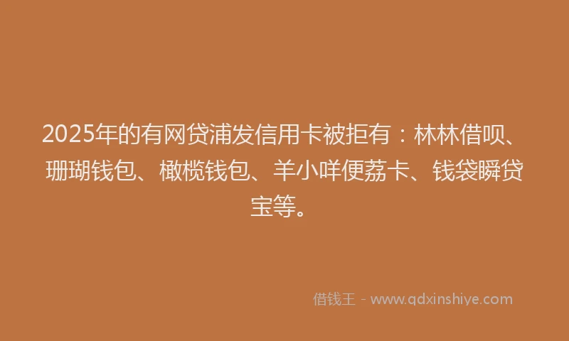 2025年的有网贷浦发信用卡被拒有：林林借呗、珊瑚钱包、橄榄钱包、羊小咩便荔卡、钱袋瞬贷宝等。