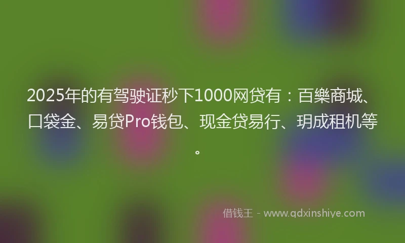 2025年的有驾驶证秒下1000网贷有：百樂商城、口袋金、易贷Pro钱包、现金贷易行、玥成租机等。