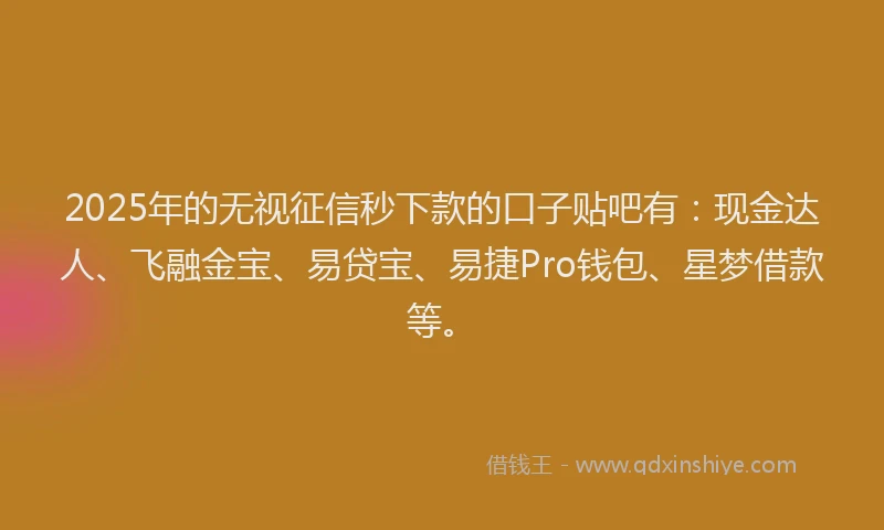 2025年的无视征信秒下款的口子贴吧有：现金达人、飞融金宝、易贷宝、易捷Pro钱包、星梦借款等。