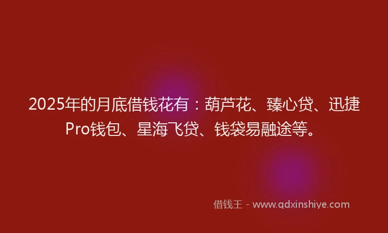 2025年的月底借钱花有：葫芦花、臻心贷、迅捷Pro钱包、星海飞贷、钱袋易融途等。