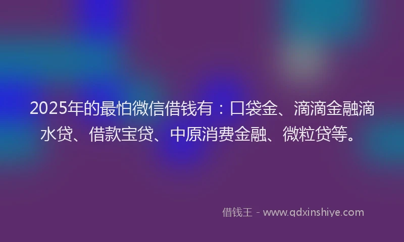 2025年的最怕微信借钱有：口袋金、滴滴金融滴水贷、借款宝贷、中原消费金融、微粒贷等。