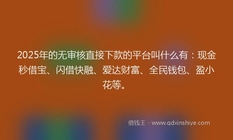 2025年的无审核直接下款的平台叫什么有：现金秒借宝、闪借快融、爱达财富、全民钱包、盈小花等。